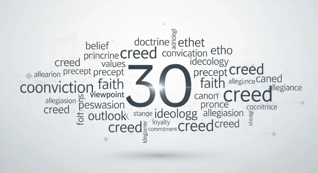 Infographic showing 30 powerful synonyms of the word creed with short meanings and example sentences for vocabulary building.