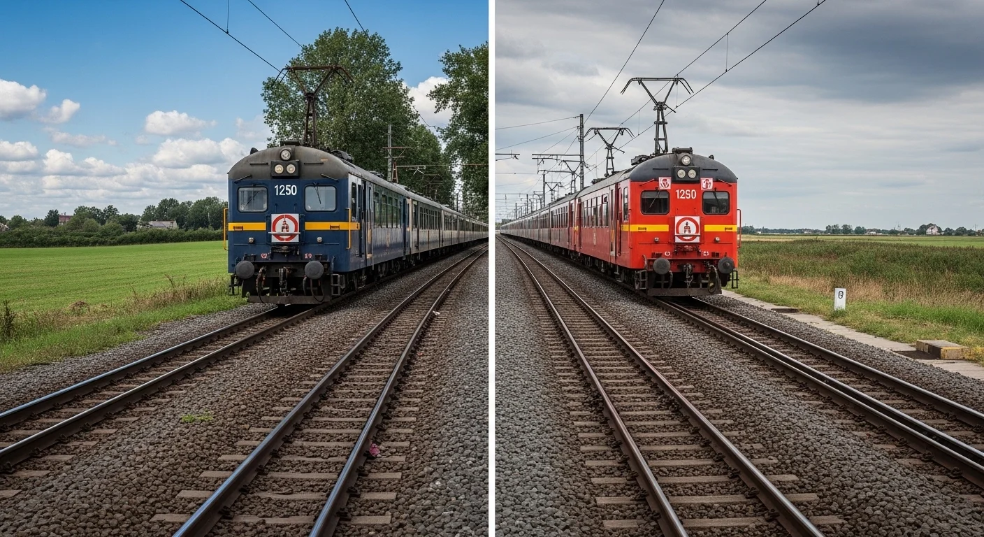 Two trains side by side, one dull and gray and the other bright red with green surroundings, showing a strong change or transform