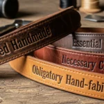 Leather belts in different colors with engraved synonyms for “required” such as needed, necessary, essential, and obligators