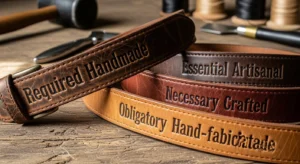 Leather belts in different colors with engraved synonyms for “required” such as needed, necessary, essential, and obligators