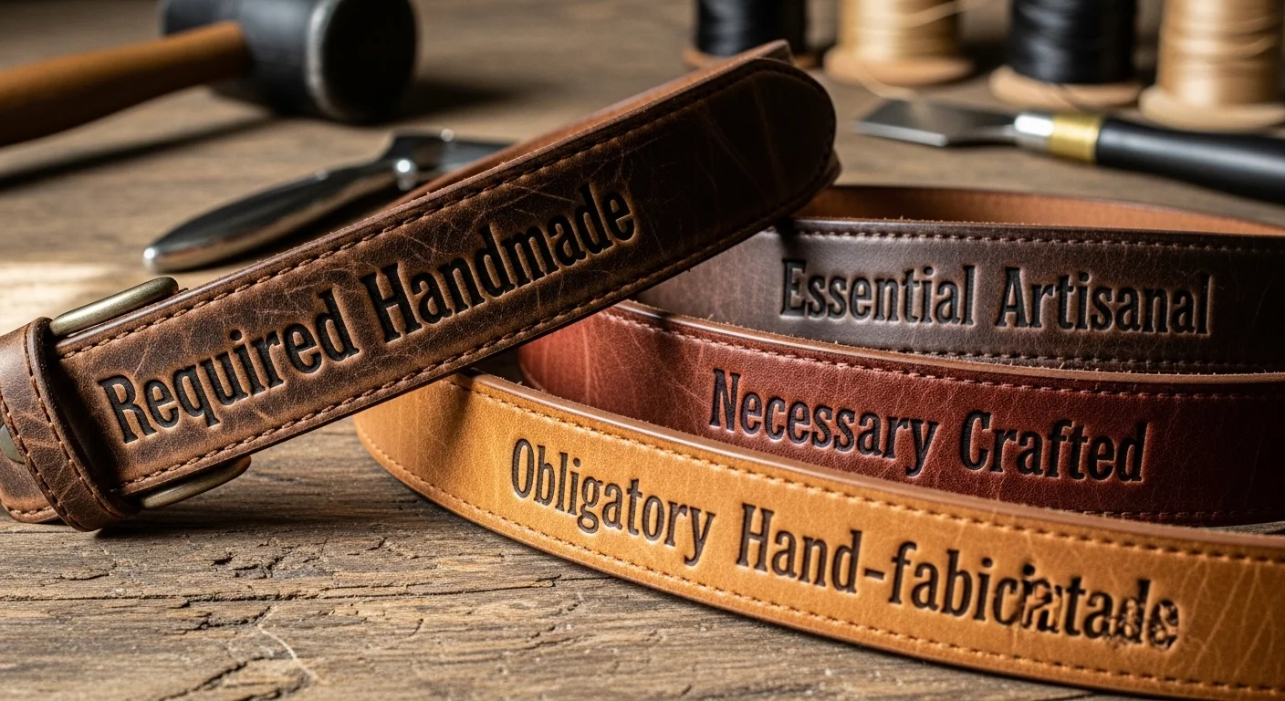 Leather belts in different colors with engraved synonyms for “required” such as needed, necessary, essential, and obligators