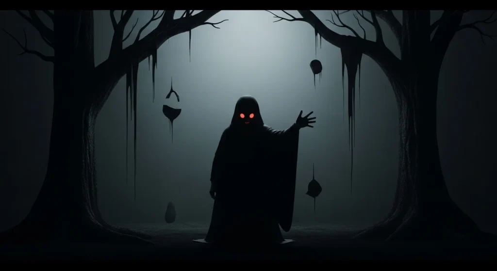 This image shows a ghost dressed in dark clothes standing in a dark place. The face does not appear, and shadows cover most of the figure. As a result, the scene feels strange and a bit scary. The image clearly shows the meaning of “eerie” by creating a quiet, uneasy mood.