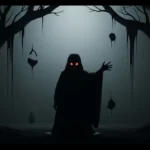 This image shows a ghost dressed in dark clothes standing in a dark place. The face does not appear, and shadows cover most of the figure. As a result, the scene feels strange and a bit scary. The image clearly shows the meaning of “eerie” by creating a quiet, uneasy mood.