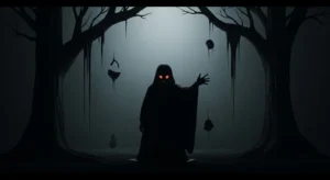 This image shows a ghost dressed in dark clothes standing in a dark place. The face does not appear, and shadows cover most of the figure. As a result, the scene feels strange and a bit scary. The image clearly shows the meaning of “eerie” by creating a quiet, uneasy mood.