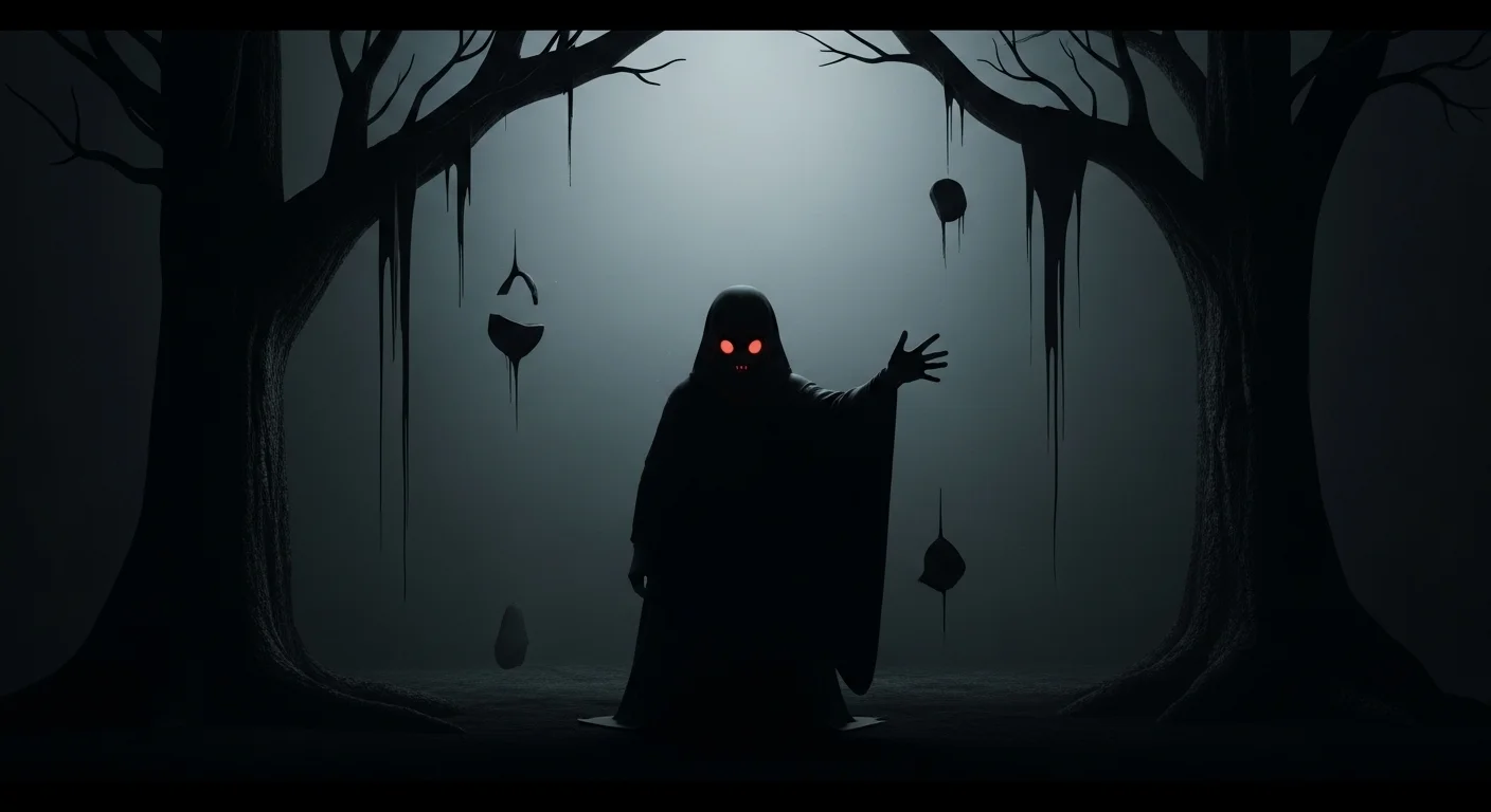 This image shows a ghost dressed in dark clothes standing in a dark place. The face does not appear, and shadows cover most of the figure. As a result, the scene feels strange and a bit scary. The image clearly shows the meaning of “eerie” by creating a quiet, uneasy mood.