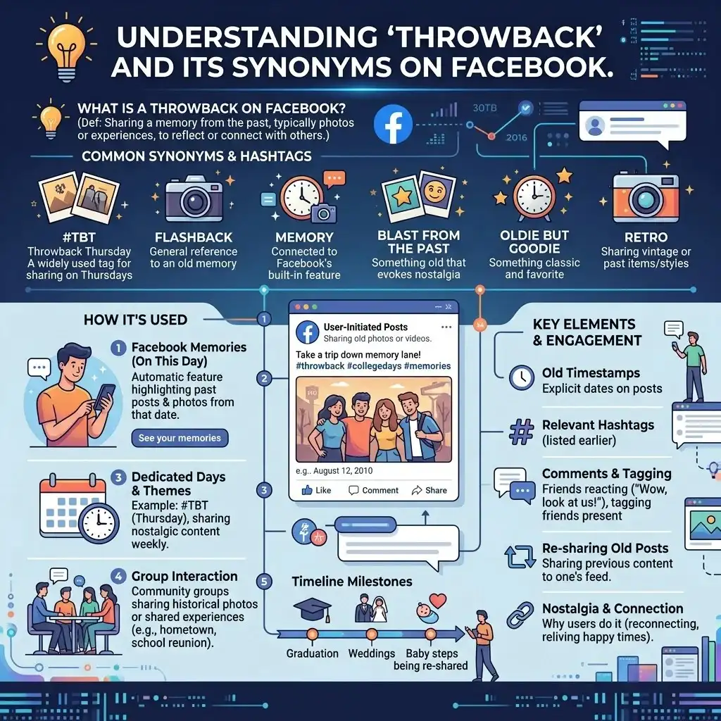 Illustration showing Facebook-style posts and comment bubbles highlighting “throwback synonyms” such as flashback, nostalgia, memory, retro, and vintage, arranged in a colorful social media interface representing past memories shared online.