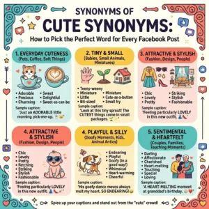 This colorful infograph is about Synonyms of Cute and how they can be used on different oceasions.