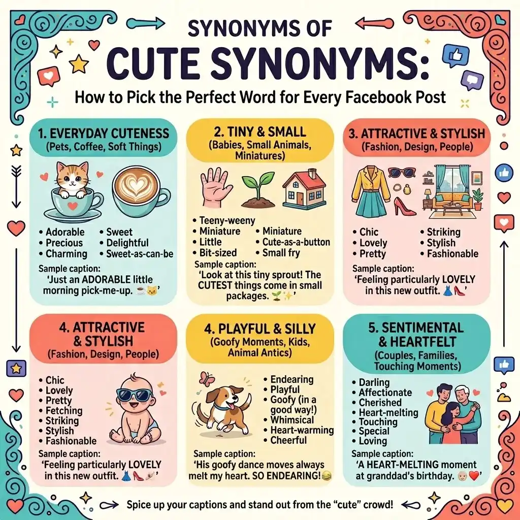 This colorful infograph is about Synonyms of Cute and how they can be used on different oceasions.