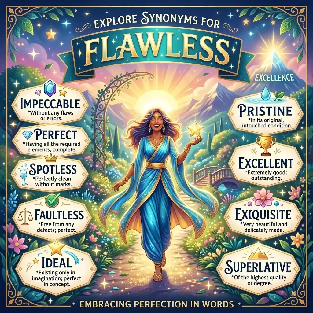 An educational infographic showing synonyms for the word flawless, including perfect, polished, elegant, smooth, and sharp, designed for English learning and vocabulary improvement.