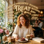 Young blonde girl happily enjoying a sweet treat while the background displays various synonyms of the word “treat” in a creative educational layout.
