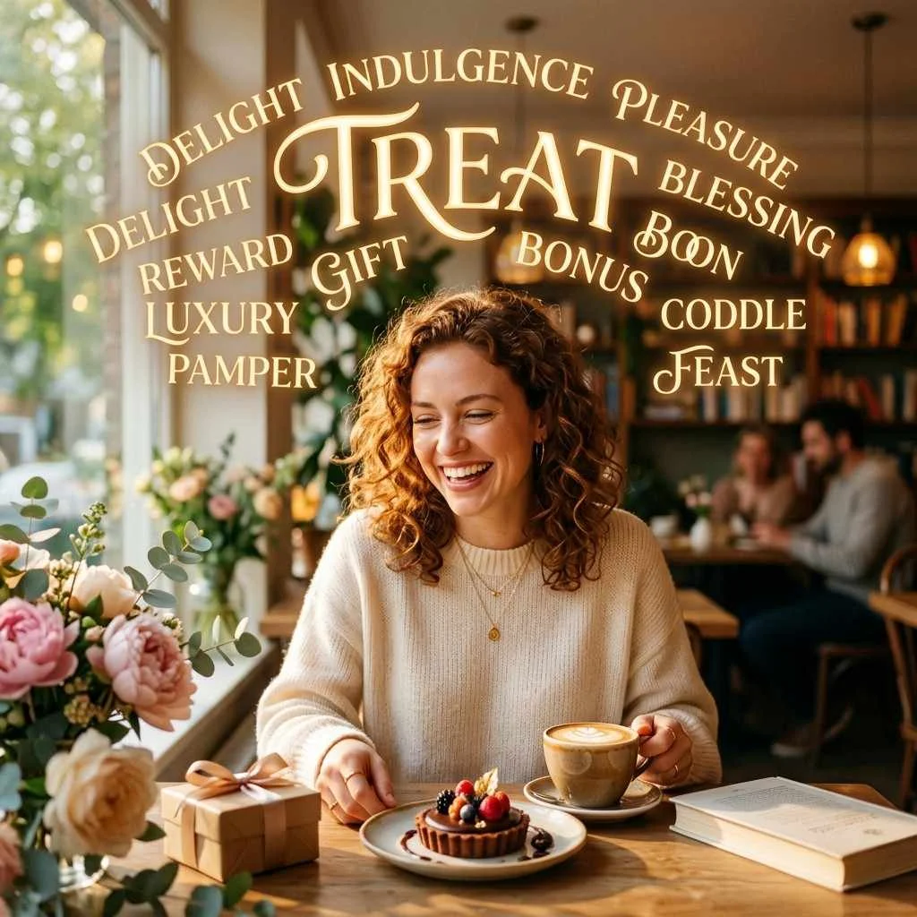 Young blonde girl happily enjoying a sweet treat while the background displays various synonyms of the word “treat” in a creative educational layout.