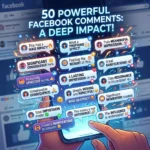Colorful educational blog graphic about Facebook comments using impact synonyms. The design shows speech bubbles, social media icons, vocabulary words like impact, influence, effect, power, and change, with bright modern typography for English learners.