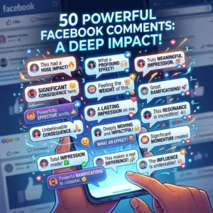 Colorful educational blog graphic about Facebook comments using impact synonyms. The design shows speech bubbles, social media icons, vocabulary words like impact, influence, effect, power, and change, with bright modern typography for English learners.