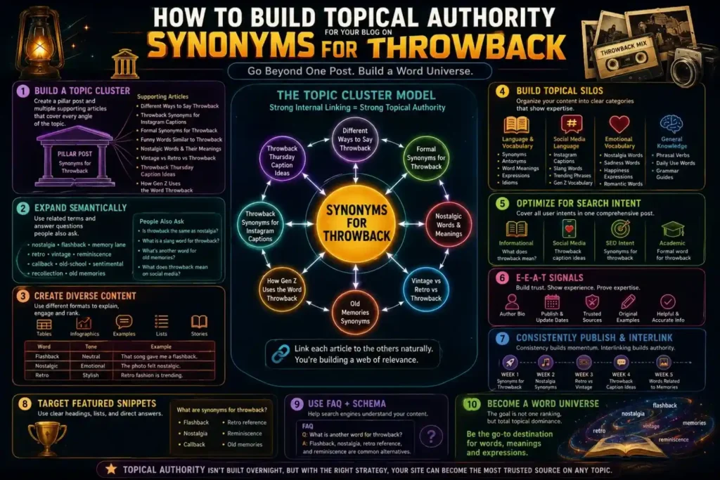 A glowing futuristic infographic about building topical authority for a blog focused on “Synonyms for Throwback.” The design features neon-colored topic clusters connected around a central keyword, surrounded by sections explaining SEO strategies like semantic expansion, internal linking, content silos, featured snippets, E-E-A-T signals, and consistent publishing. Vintage elements such as cassette tapes, old photos, and retro cameras blend with cosmic visuals and bright typography, creating a modern digital marketing aesthetic.