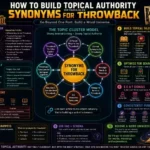 A glowing futuristic infographic about building topical authority for a blog focused on “Synonyms for Throwback.” The design features neon-colored topic clusters connected around a central keyword, surrounded by sections explaining SEO strategies like semantic expansion, internal linking, content silos, featured snippets, E-E-A-T signals, and consistent publishing. Vintage elements such as cassette tapes, old photos, and retro cameras blend with cosmic visuals and bright typography, creating a modern digital marketing aesthetic.