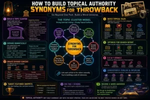 A glowing futuristic infographic about building topical authority for a blog focused on “Synonyms for Throwback.” The design features neon-colored topic clusters connected around a central keyword, surrounded by sections explaining SEO strategies like semantic expansion, internal linking, content silos, featured snippets, E-E-A-T signals, and consistent publishing. Vintage elements such as cassette tapes, old photos, and retro cameras blend with cosmic visuals and bright typography, creating a modern digital marketing aesthetic.