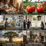 Educational illustration showing the concept of synonyms for authentic, including words like real, genuine, and true with a comparison of simple and fake vs original objects.