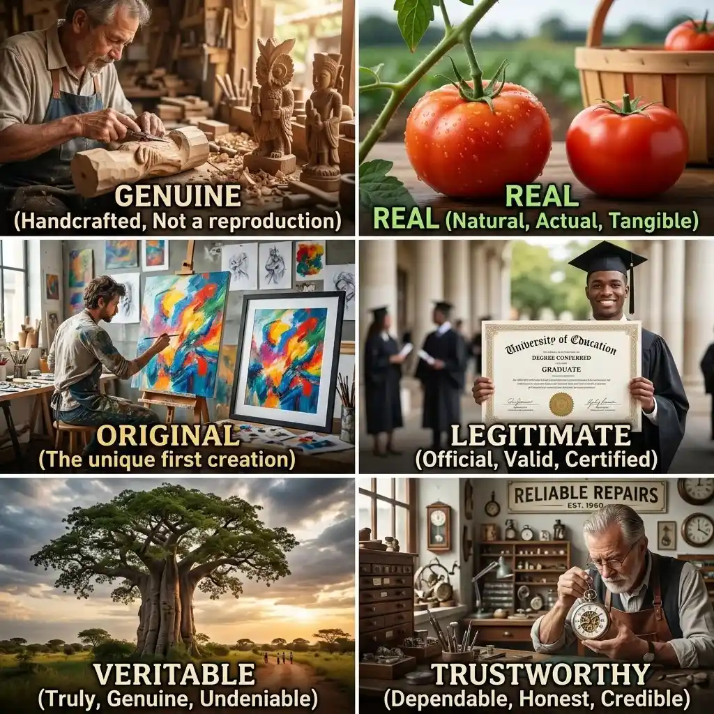 Educational illustration showing the concept of synonyms for authentic, including words like real, genuine, and true with a comparison of simple and fake vs original objects.