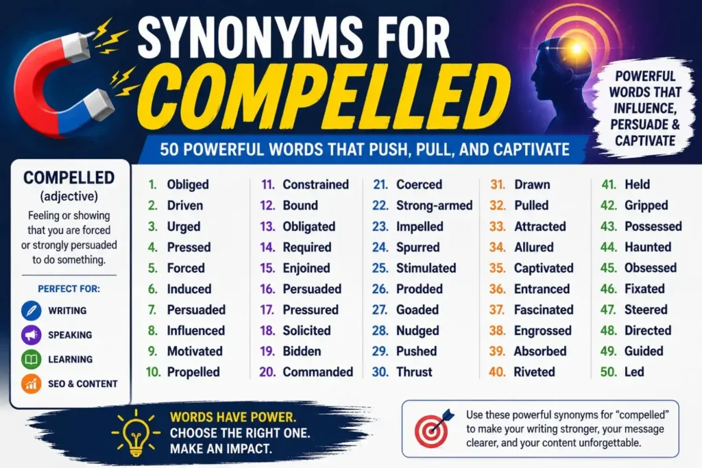 50 Best Synonyms for Compelled with Meanings and Examples