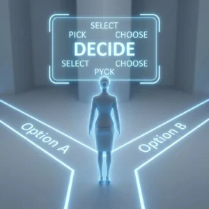 Blue background illustration of a road splitting into two paths, each path displaying different synonyms of words, symbolizing choice and language variation.
