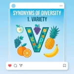 A colorful educational graphic displaying synonyms for the word “diversity,” including variety, inclusion, multiplicity, heterogeneity, mosaic, and multiculturalism, arranged around a vibrant globe with people, cultures, and symbolic icons representing unity in differences.