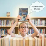 A smiling young girl carrying her favorite book from a library shelf, surrounded by colorful books, with the title “Synonyms for Favorite” highlighted in an educational and creative style.