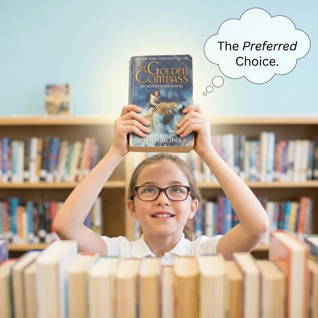 A smiling young girl carrying her favorite book from a library shelf, surrounded by colorful books, with the title “Synonyms for Favorite” highlighted in an educational and creative style.