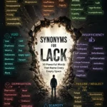 Dark themed infographic titled “Synonyms for Lack” showing a glowing central void with multiple color-coded clusters of words such as absence, shortage, deficiency, scarcity, and deprivation arranged in a mind-map style around it.