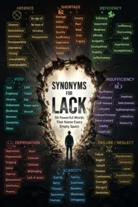 Dark themed infographic titled “Synonyms for Lack” showing a glowing central void with multiple color-coded clusters of words such as absence, shortage, deficiency, scarcity, and deprivation arranged in a mind-map style around it.