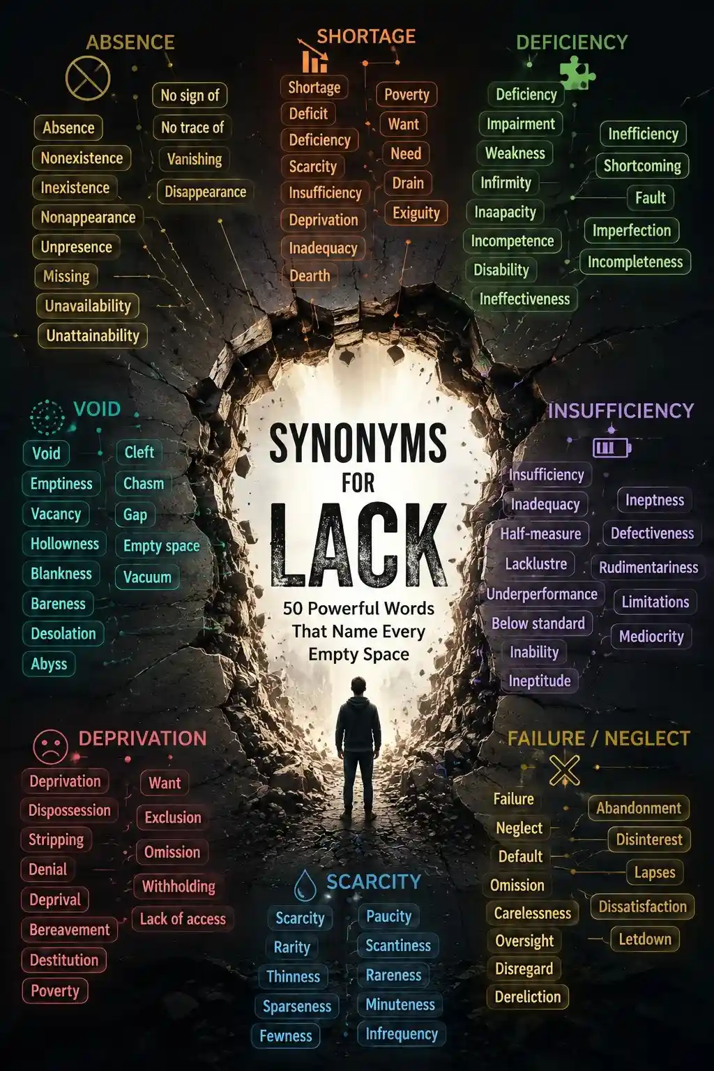 Dark themed infographic titled “Synonyms for Lack” showing a glowing central void with multiple color-coded clusters of words such as absence, shortage, deficiency, scarcity, and deprivation arranged in a mind-map style around it.