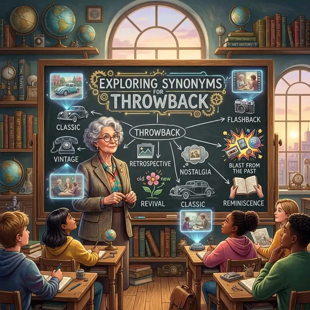 “Educational visual showing synonyms for throwback such as flashback, nostalgia, memory lane, regression, and turn back the clock with imagery of past memories, old photos, and time-related concepts.”