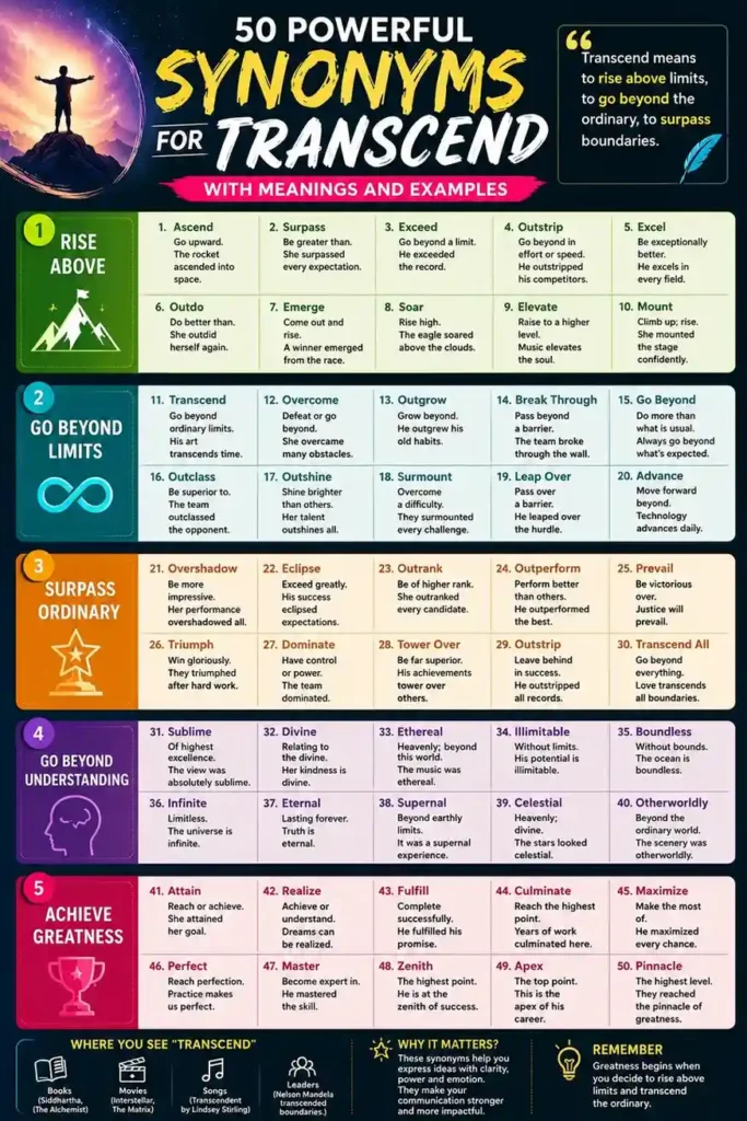 Colorful educational infographic titled “50 Powerful Synonyms for Transcend With Meanings and Examples,” featuring categorized synonym sections, bold typography, creative icons, and motivational visuals on a dark neon-themed background.