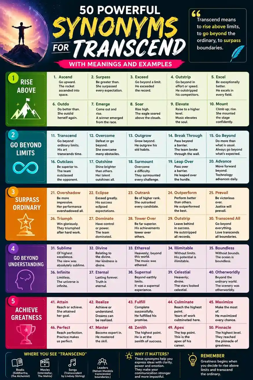 Colorful educational infographic titled “50 Powerful Synonyms for Transcend With Meanings and Examples,” featuring categorized synonym sections, bold typography, creative icons, and motivational visuals on a dark neon-themed background.