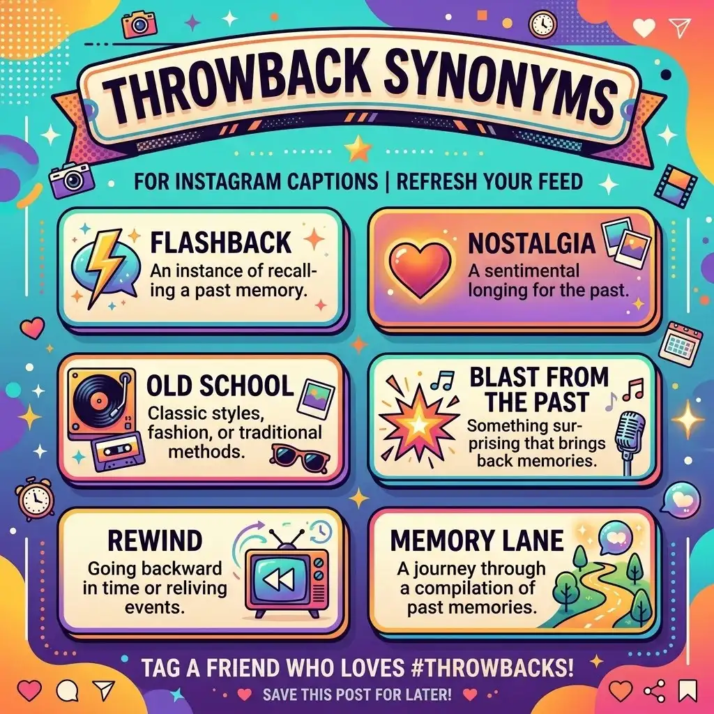 A creative educational graphic displaying multiple synonyms of the word “Throwback” arranged in stylish typography with nostalgic design elements, arrows, retro icons, and social media-inspired visuals representing memories, nostalgia, and past moments.