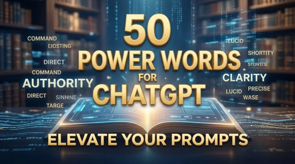 Colorful infographic titled "50 Best Power Words for ChatGPT Prompts and Its Synonyms" showing categories such as action words, creative words, persuasive words, precision words, and engagement words with AI-themed graphics, speech bubbles, and prompt-writing icons.