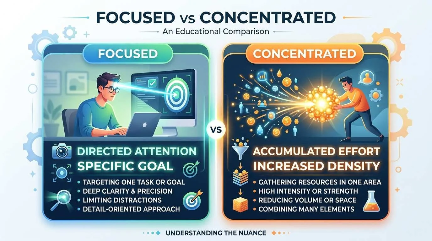 Focused vs Concentrated comparison showing two students studying with different levels of attention and mental engagement