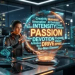 futuristic workplace holographic image showing passion and its synonmys for AI content creation
