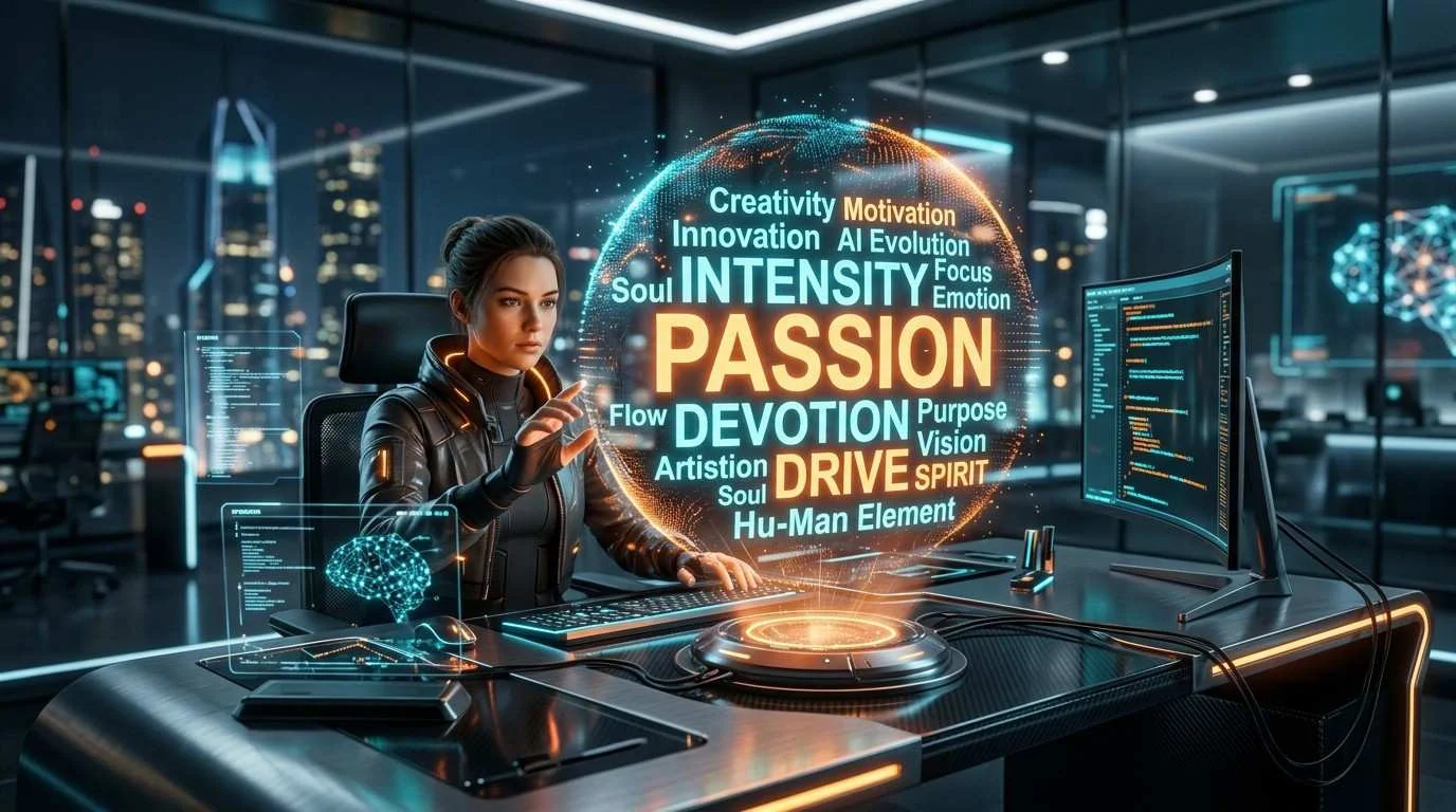 futuristic workplace holographic image showing passion and its synonmys for AI content creation