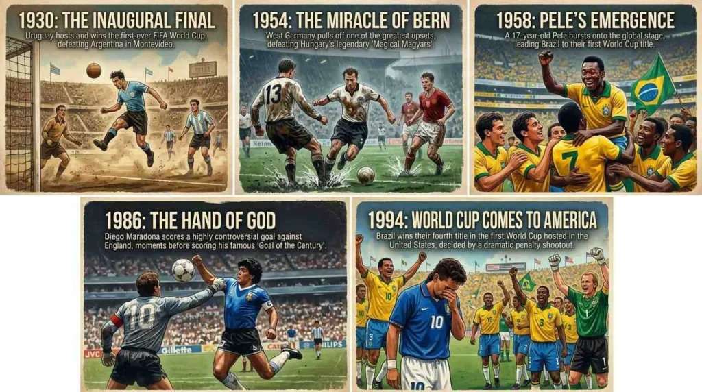 A collage-style AI artwork showing iconic FIFA World Cup moments including the 1930 inaugural final, Maradona’s “Hand of God” goal, Pelé’s rise to global fame, and the World Cup arriving in the United States.