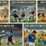 A collage-style AI artwork showing iconic FIFA World Cup moments including the 1930 inaugural final, Maradona’s “Hand of God” goal, Pelé’s rise to global fame, and the World Cup arriving in the United States.