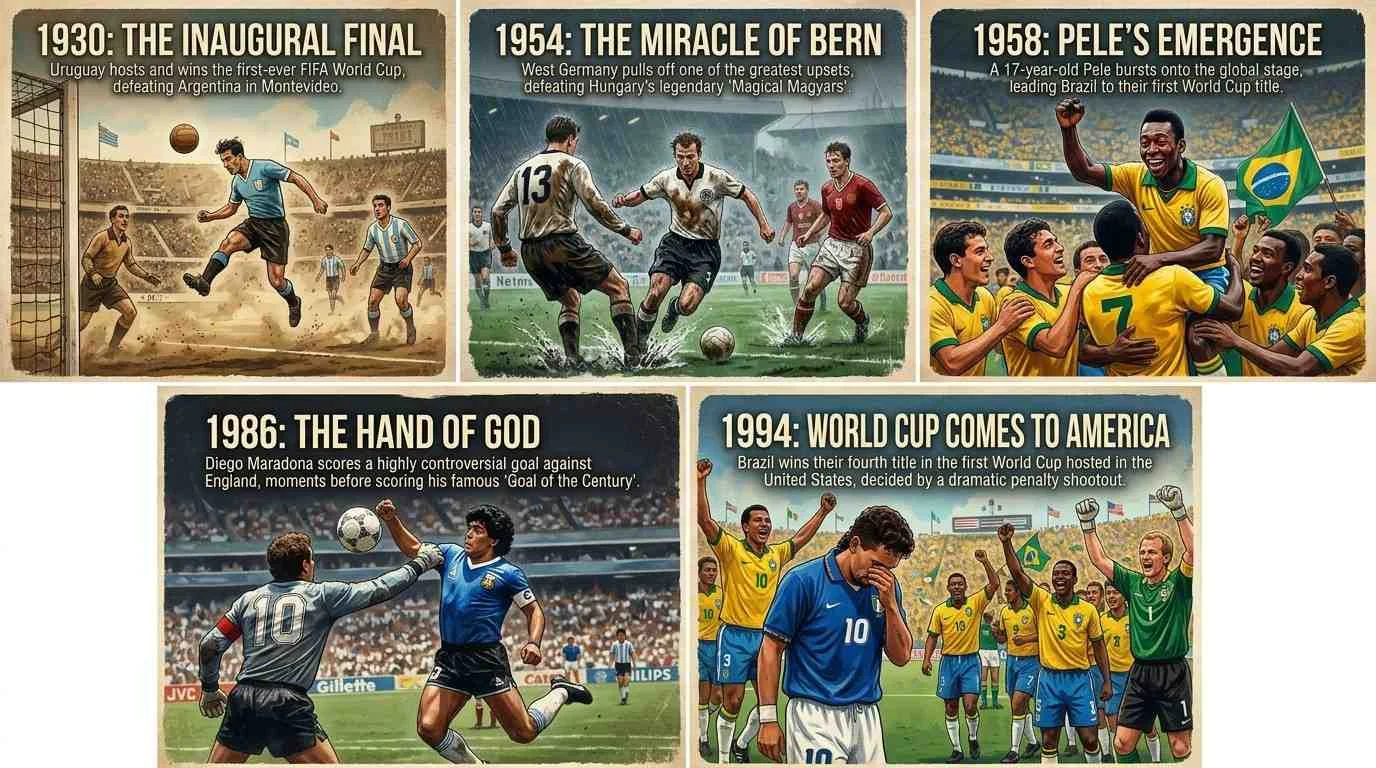 A collage-style AI artwork showing iconic FIFA World Cup moments including the 1930 inaugural final, Maradona’s “Hand of God” goal, Pelé’s rise to global fame, and the World Cup arriving in the United States.